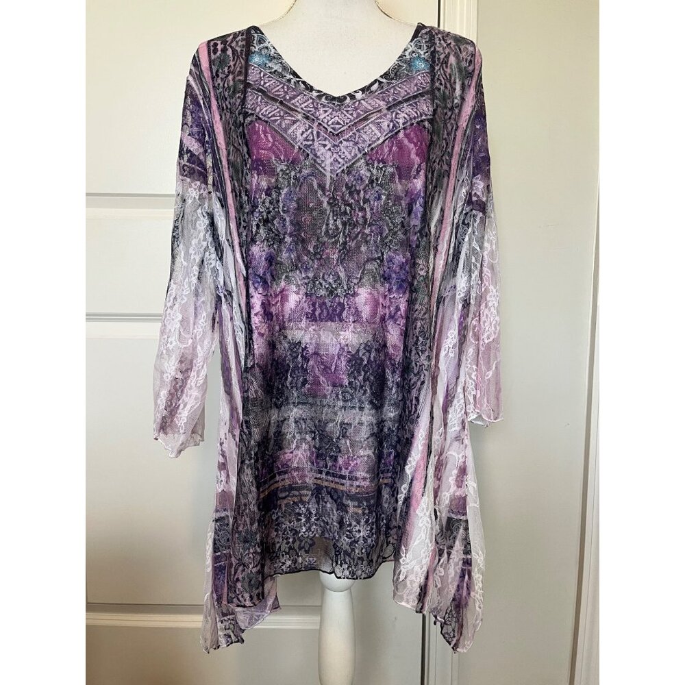 Brittany Lace Tunic Top Size 3X V-Neck Purple White Black Boho Plus USA NWT